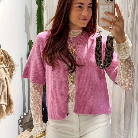 Hot Pink Casual Women's Front Button Short-Sleeved Knitted sweater Cardigan - Picture 5 of 6